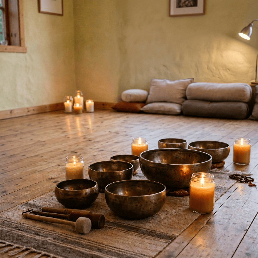 Singing bowls and candle arranged in a cozy meditation studio